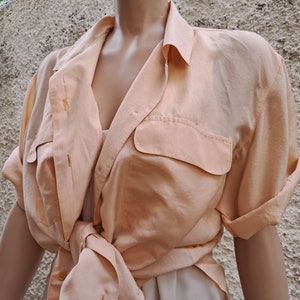 Oversized size silk shirt for women, Vintage salmon orange shirt blouse, Bow tie waist silk blouse