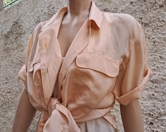 Oversized size silk shirt for women, Vintage salmon orange shirt blouse