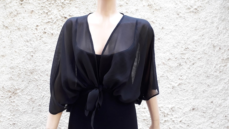 Women bolero for party, Silk cropped jacket, Black bolero, See through cover up, Black silk sheer bolero image 5