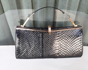 Black snakeskin top metal handle handbag, Genuine Leather Clutch Bag, Vintage shoulder handbag