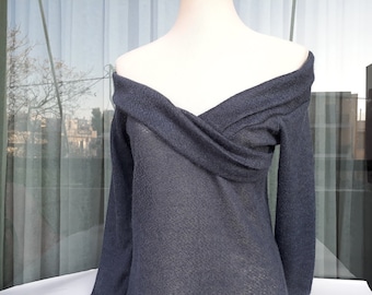 Modello di cucito per top in maglia con spalle scoperte in PDF, camicetta Bardot con scollo a V, top in jersey a maniche lunghe XS–XL