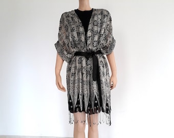 Silk kimono cardigan coverup, Bohemian silk jacket kimono, Festival fringe kaftan kimono, Women silk duster