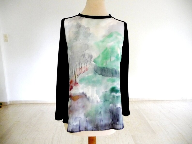 Black jersey top Modern style Loose fitting style Silk top medium Silk long sleeve Ooak top Long sleeve shirt Wearable art top
