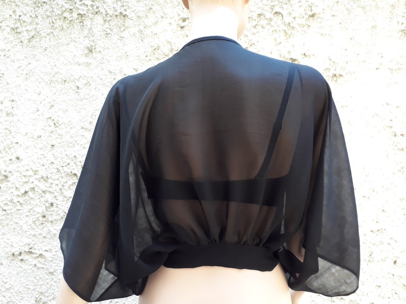 Women bolero for party, Silk cropped jacket, Black bolero, See through cover up, Black silk sheer bolero image 8
