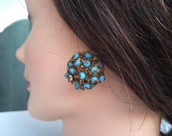 Boucles D'oreilles Clips Vintage Doré Avec Perle Bleue - Très Bon état - Fantaisie