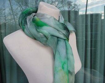 Hand painted long silk scarf women, Gift mom silk foulard, Green silk scarf women, Accessories silk foulard gift, Unique silk scarf