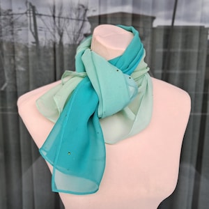 Cachecol longo de seda transparente verde azul para mulheres, cachecol de chiffon de seda ombré, presente para a mãe