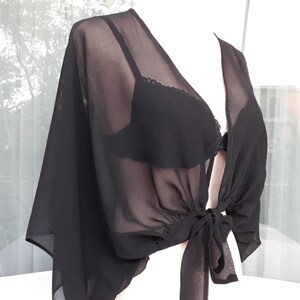 Women bolero for party, Silk cropped jacket, Black bolero, See through cover up, Black silk sheer bolero image 2