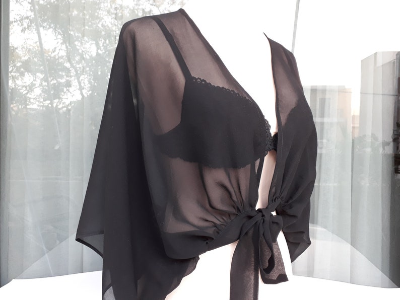 Women bolero for party, Silk cropped jacket, Black bolero, See through cover up, Black silk sheer bolero image 2