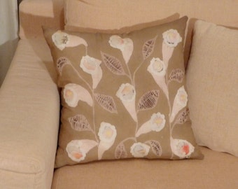Painted Silk Décor Cushion, Floral Pillow Silk, Pillowcase Modern Case, Beige Pillow Cover, Cushions Cover, Flower Couch Pillow Gift