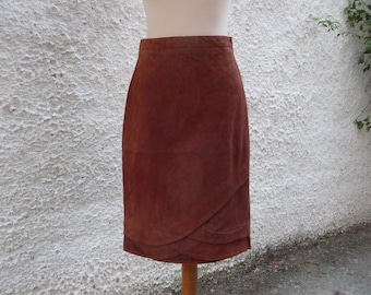 Vintage High Waist Suede Leather Skirt, Knee Length 46 size
