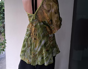 Vintage viscose blouse groen bruin pure tuniek top met abstracte print maat XL