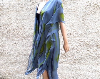 Geschilderde stofdoek kimono coverup, Boho zijden jas kimono, Vrouwen bloemen oversized kimono, Festival zijden kaftan kimono