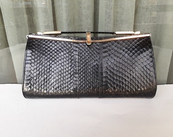 Black snakeskin top metal handle handbag, Genuine Leather Clutch Bag, Vintage shoulder handbag