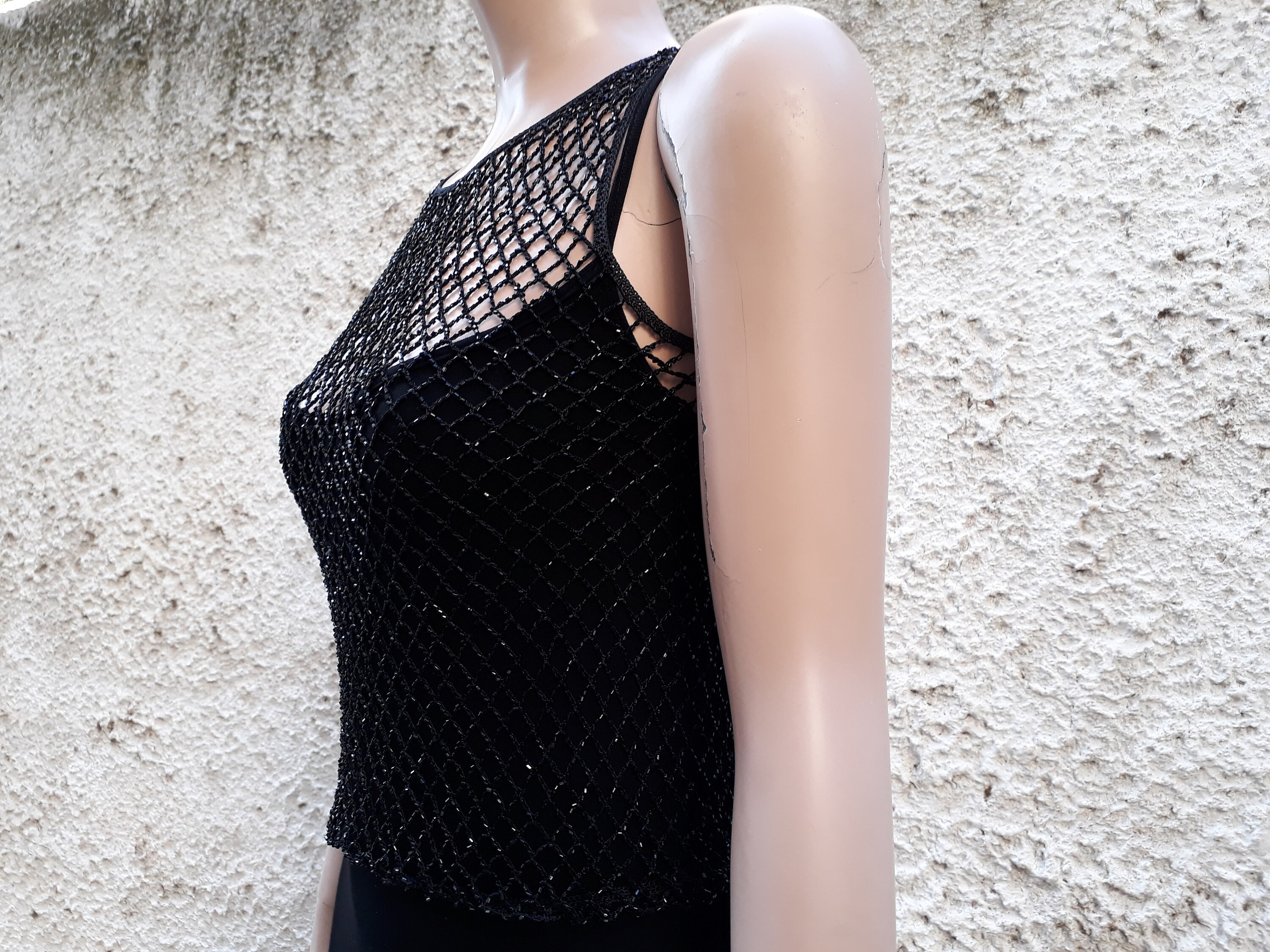 Women Black Mesh Top Vintage, Gothic Fishnet Beaded Sheer