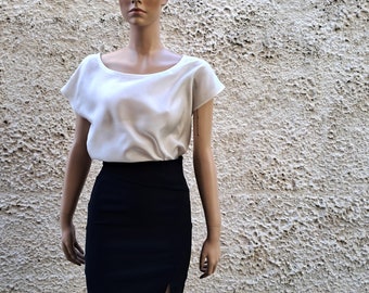 Silk blouse top for women,  Ivory white boat neck blouse, Engagement Prom Silk Blouse, Loose Silk Summer Top, Sleeveless loose shirt