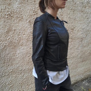Women's black leather jacket, Vintage bike genuine leather jacket, Unisex slim fit moto jacket small size