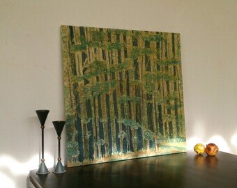 Trees in forest silhouetted, Green forest painting, Original art work, Aspen tree art, Watercolor painting of trees, Birch painting original