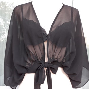 Women bolero for party, Silk cropped jacket, Black bolero, See through cover up, Black silk sheer bolero image 1