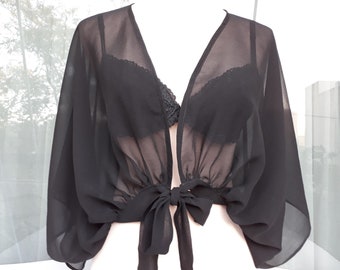 Women bolero for party, Silk cropped jacket, Black bolero, See through cover up, Black silk sheer bolero