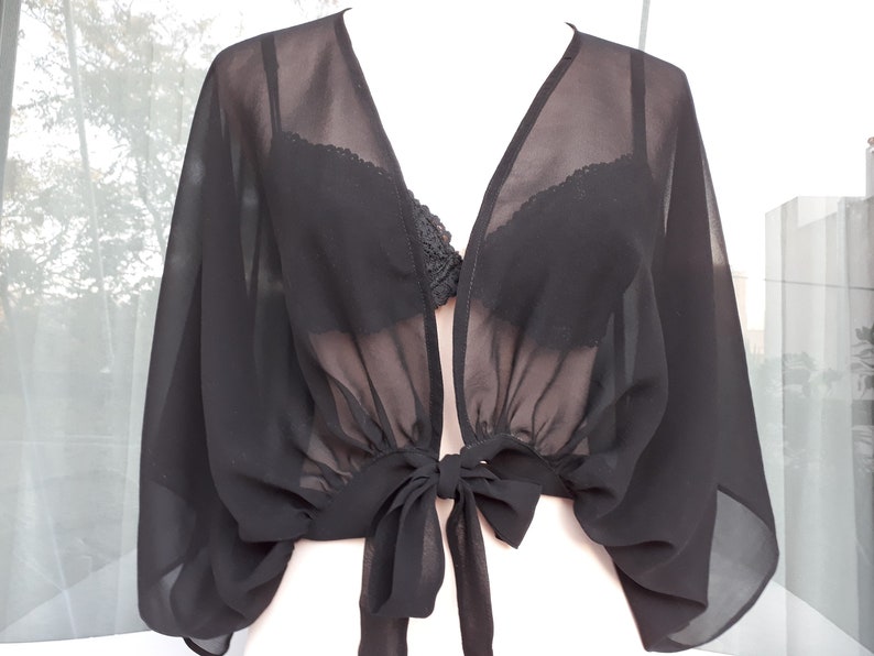 Women bolero for party, Silk cropped jacket, Black bolero, See through cover up, Black silk sheer bolero image 1