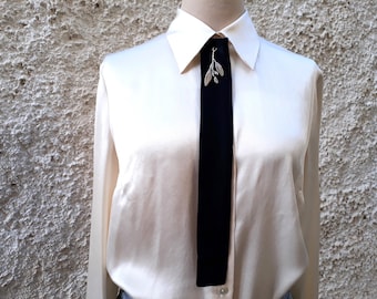 Corbata adornada para mujer, corbata de satén de seda negra, regalo de accesorios de traje para mujer, corbata negra para camisa