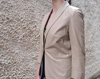 Vintage Beige Leather Blazer, 3/4 Sleeve, Tailored Fit (Size S)