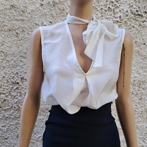 Pleat silk blouse with a bow collar, Ivory white silk V neck top, Women sleeveless  chic blouse top event