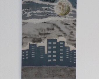 Nachtelijke hemel schilderij, skyline van de stad schilderij, stadsgezicht kunst aan de muur, bewolkt landschap, maan abstracte schilderkunst, stadsgezicht moderne kunst