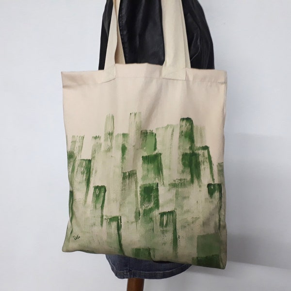 Hand painted tote bag, City painted tote bag, Cotton canvas shoulder tote with straps, Wearable art bag, Grocery bag, Work tote bag