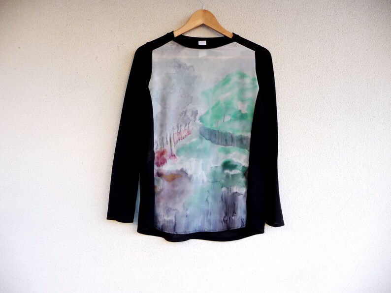 Black jersey top Modern style Loose fitting style Silk top medium Silk long sleeve Ooak top Long sleeve shirt Wearable art top