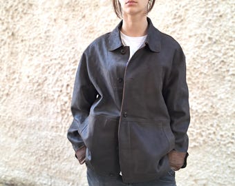 Classic Unisex Oversized Jacket, Vintage Brown Leather Jacket Coat for Women and Man