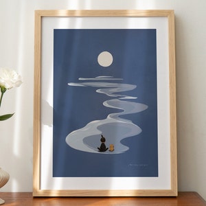 Moonlit Meditation Print | Nursery Kids Bedroom Decor | Nature River Wall Set | Cute Moon Poster | Dog Cat Animal Friend Art