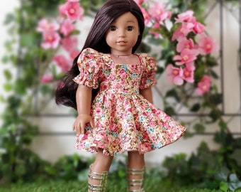Puff Dress with Vintage Floral Prints for 18 inch Dolls such as American Girl