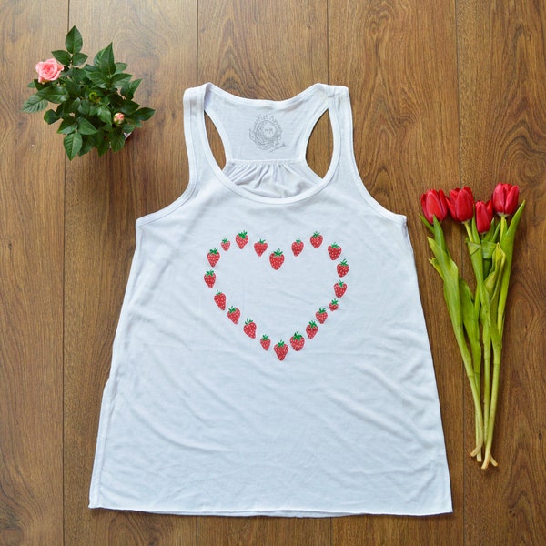 Strawberry tank/ strawberry heart Shirt /white Women's racerback strawberry heart tank shirt