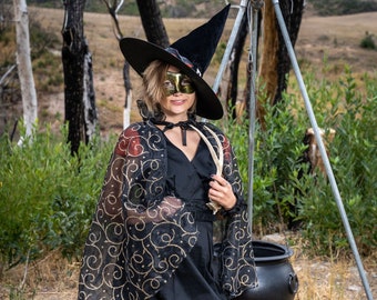 Zwarte heksenjurk, heksenkostuum vrouwen, volwassen heksenhoed, heksenkostuum dames, heksenkleding, esthetiek Witchcore, grillige heksenjurk