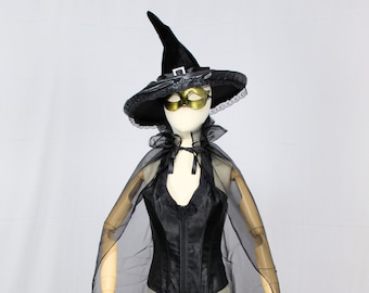 Zwarte heksenjurk, heksenkostuum vrouwen, volwassen heksenhoed, heksenkostuum dames, heksenkleding, esthetiek Witchcore, donkere cottagecore, rok