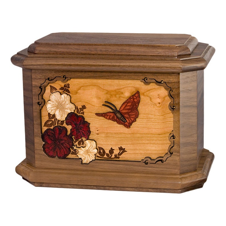 Walnut Butterfly Octagon Wood Cremation Urn image 1