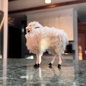 Vintage 5&quot; Handmade Fluffy Ceramic Sheep Ram Figurine with Bell – Rustic Farmhouse Décor