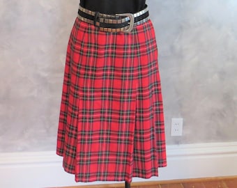 Vintage Red Stewart Tartan Plaid Skirt, Handmade with Pleated Bottom, Size Medium