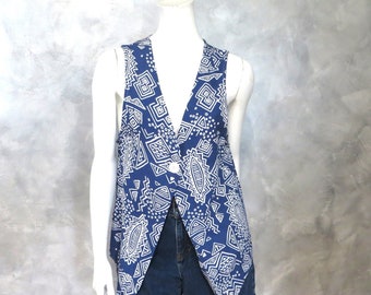 Vintage 90s Vest * Bold Abstract Design in Blue and White Size Med