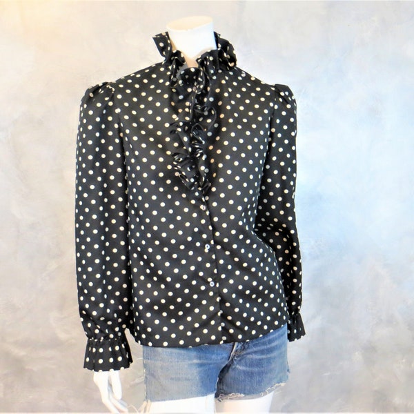 Vintage 70's Ruffle Front Blouse/Black and White Polka Dot/NaMa of California/Bust: 38"