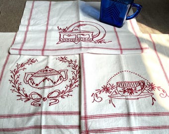 Vintage Red & White Embroidered Tea Towels-Set of 3 Handmade Dish Towels