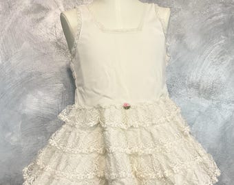 Vintage Girls Lace Petticoat Slip: Layered Ruffle, Ivory, 12 Months