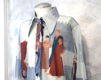 Vintage 70s Big Collar Shirt Chest 34: Disco Polyester Print * Size Small