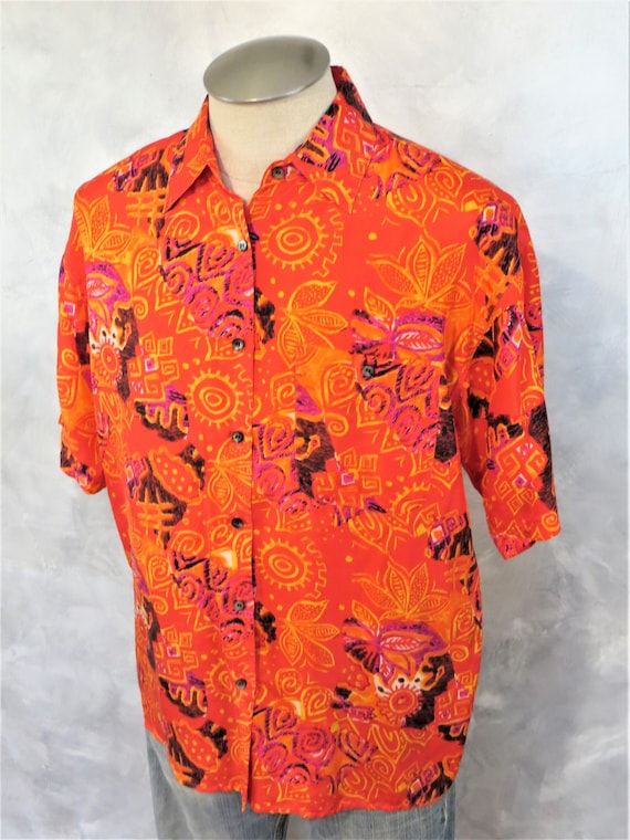 Vintage 1980s Silk Shirt: Short Sleeve Tribal Print, Size Medium