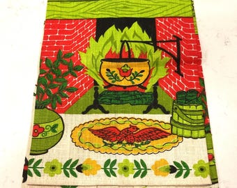 Vintage 70s Printed Linen Tea Towel: Americana Hearth and Home Scene Dishtowel