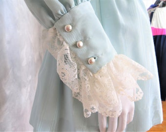 Vintage 1960s Minidress: Mod Wedding or Occasion Dress, Romantic Lace Cuffs, Mint Moire Satin, Unique Handmade (XS-S)
