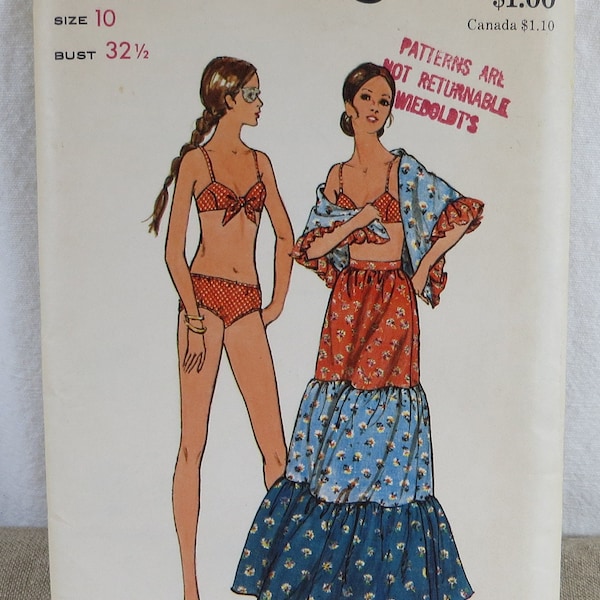 70S Sewing Pattern Bikini, Cover Shawl, and Long Prairie Skirt Size 10 Bust 32.5 Original Paper Pattern Not Digital