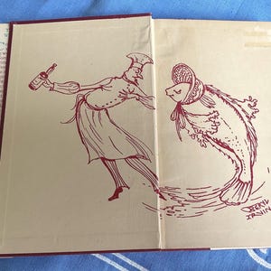 May include: Open book with a maroon spine and cream-colored pages. The cover features a red illustration of a chef holding a bottle and a fish wearing a bonnet. The text "BERYL IRVING" is visible.